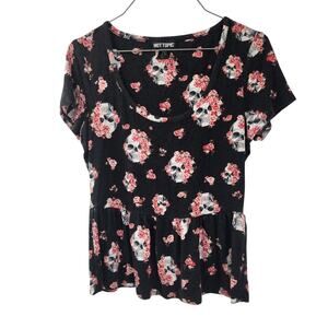 HOT TOPIC Floral Skull Print Short Sleeve Ruffle Top Womens Size Extra Small XS